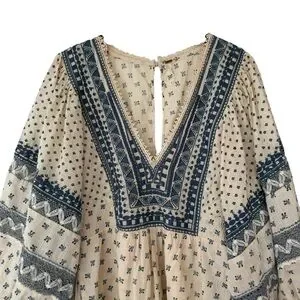 Free People Sweet Southwest Embroidered Blue Cream 3/4 Bishop Sleeves Dress